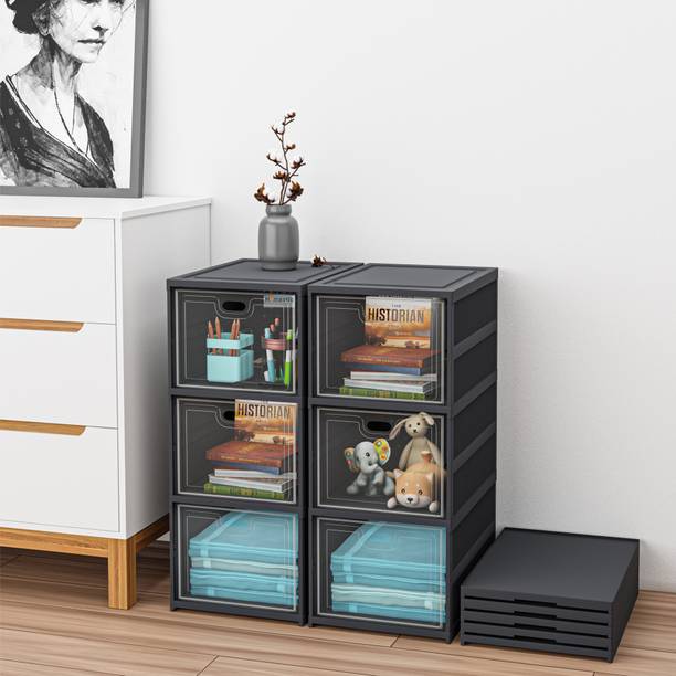 HOMESTIC (Pack of 2) 3-Tier Transparent Plastic Collapsible Closet/Cabinet | Grey Plastic Free Standing Chest of Drawers