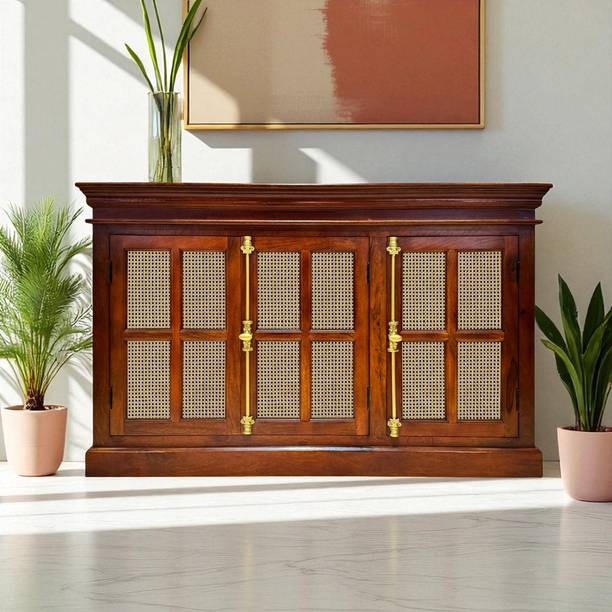 THE ATTIC The Attic Oregon 3 Door Sideboard with Cane ,Honey Matte Finish Solid Wood Free Standing Sideboard