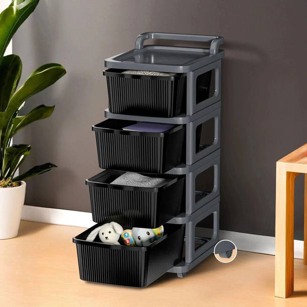 HOMESTIC 4 Layer Plastic Modular Storage Drawer Organizer with Wheels | Grey & Black Plastic Free Standing Chest of Drawers