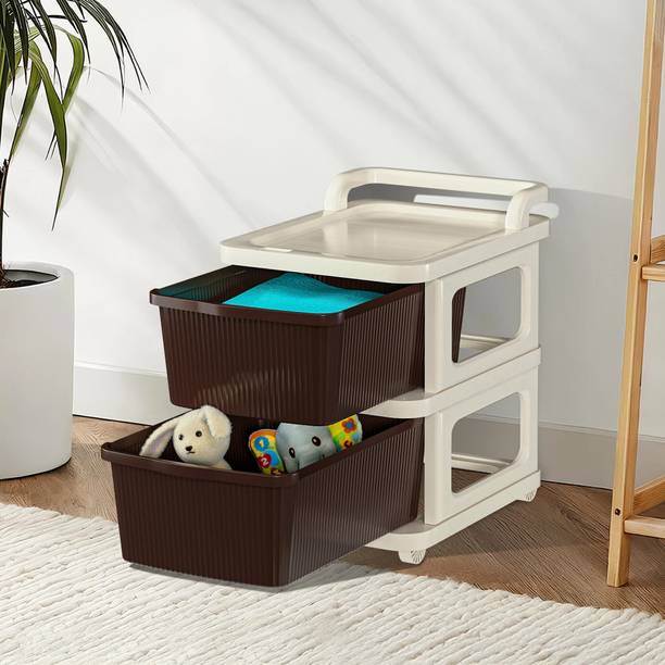 KUBER INDUSTRIES 2 Layer Plastic Modular Storage Drawer Organizer with Wheels | Ivory & Brown Plastic Free Standing Chest of Drawers