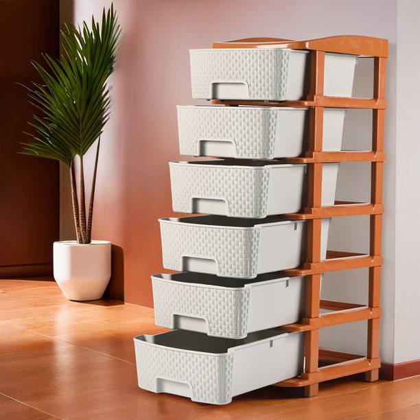 KUBER INDUSTRIES 6-Layer Multi-Purpose Plastic Drawer Storage Organiser | White & Golden Plastic Free Standing Chest of Drawers