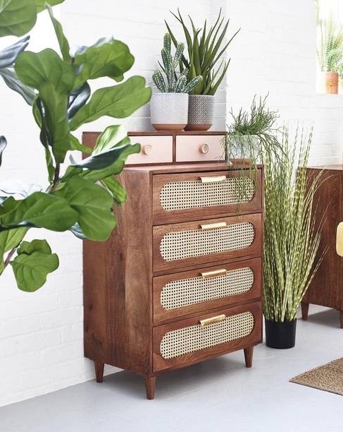 Shagun Arts HEXA Rattan Cane Webbed Solid Sheesham Wood Sideboard With Multi Storage || Solid Wood Free Standing Cabinet