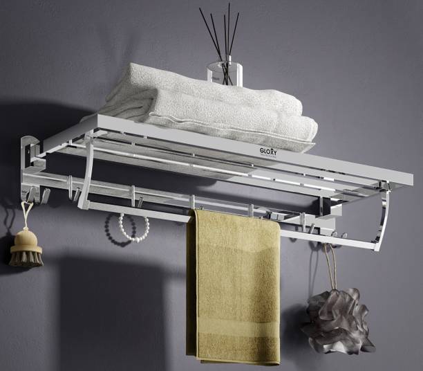 GLOXY Wall-Mounted Foldable Towel Rack | Space-Saving Bathroom Organizer with Hooks Metal Wall Mount Sideboard