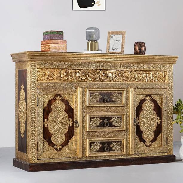 APRODZ Hunika Wooden Antique Brass Sideboard (Brown) Solid Wood Free Standing Chest of Drawers