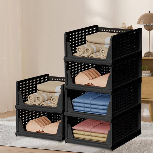 KUBER INDUSTRIES Pack of 6 Plastic Storage Wardrobe Organizer for Almirah | Large | Black Plastic Free Standing Cabinet