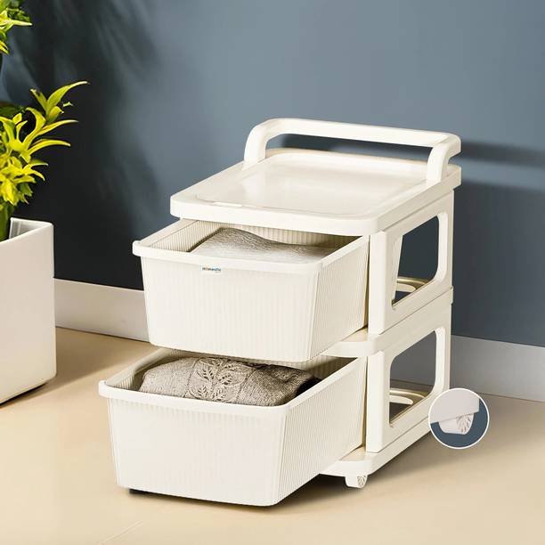 HOMESTIC 2 Layer Plastic Modular Storage Drawer Organizer with Wheels | Ivory Plastic Free Standing Chest of Drawers