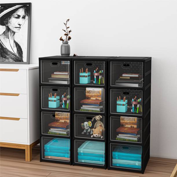 HOMESTIC (Pack of 3) 4-Tier Transparent Plastic Collapsible Closet/Cabinet | Black Plastic Free Standing Chest of Drawers