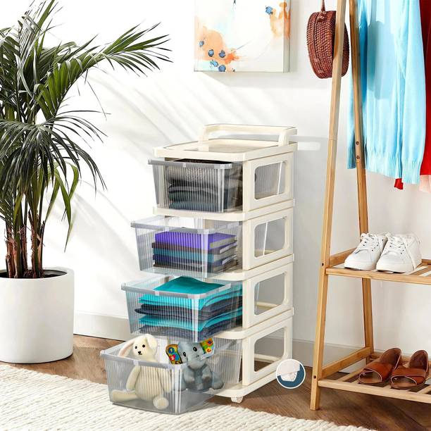 HOMESTIC 4 Layer Plastic Modular Storage Drawer Organizer with Wheels | Transparent Ivory Plastic Free Standing Chest of Drawers