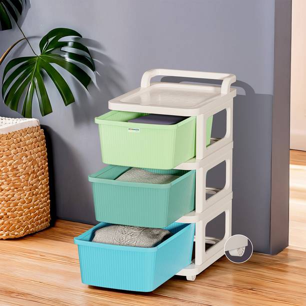 HOMESTIC 3 Layer Plastic Modular Storage Drawer Organizer with Wheels | Multicolor Plastic Free Standing Chest of Drawers