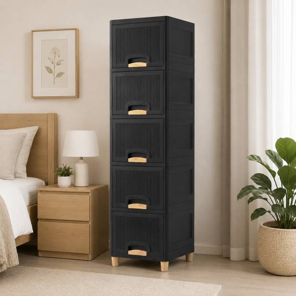 MAXTID Narrow Vertical Storage Tower with Drawers for Compact Home Spaces Plastic Crockery Cabinet
