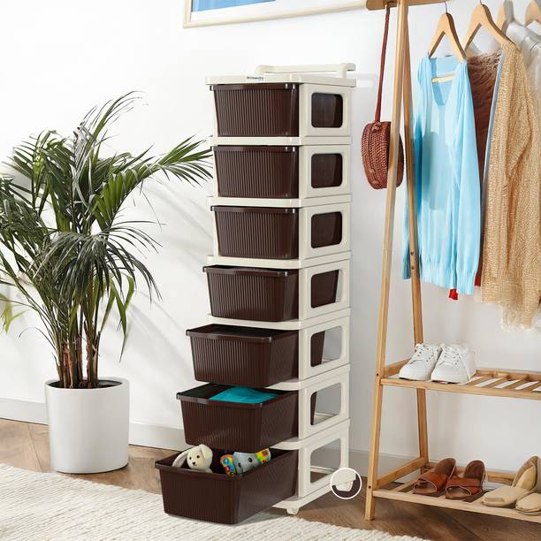 HOMESTIC 7 Layer Plastic Modular Storage Drawer Organizer with Wheels | Ivory & Brown Plastic Free Standing Chest of Drawers