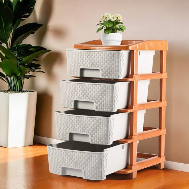 KUBER INDUSTRIES 4-Layer Multi-Purpose Plastic Drawer Storage Organiser | White & Golden Plastic Free Standing Chest of Drawers