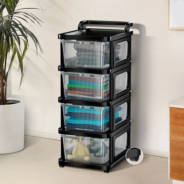 HOMESTIC 4 Layer Plastic Modular Storage Drawer Organizer with Wheels | Transparent Black Plastic Free Standing Chest of Drawers