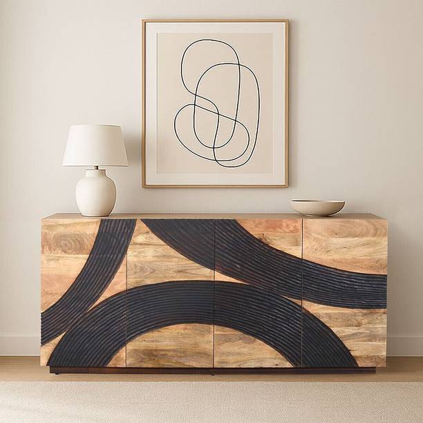 Furniza 4-Door Sideboard in Natural & Walnut Finish with Carved Wave Design |Mango Wood- Solid Wood Free Standing Sideboard