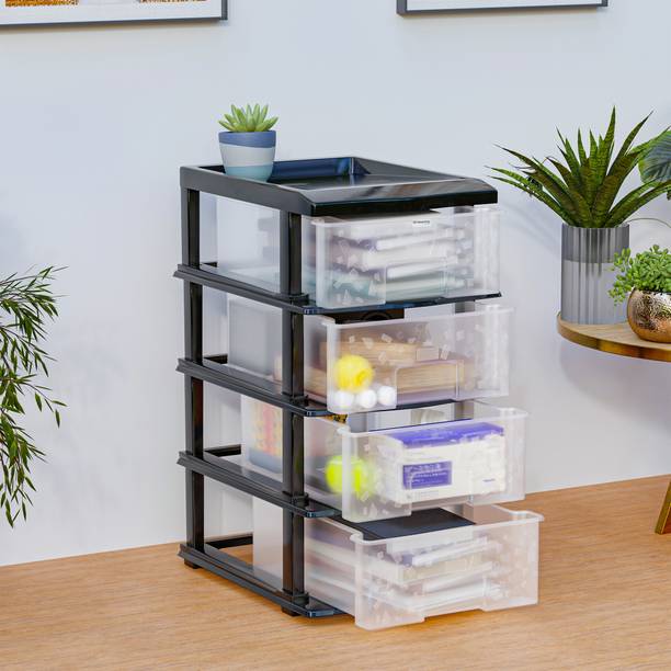 HOMESTIC by Kuber Industries 4-Layer Collapsible Multipurpose Plastic Drawers Storage Organizer | Transparent Plastic Free Standing Chest of Drawers