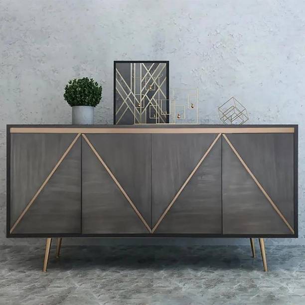 NG Decor Gray and Gold Credenza 4 Doors Sideboard Cabinet with Storage Midcentury Modern Engineered Wood Free Standing Sideboard