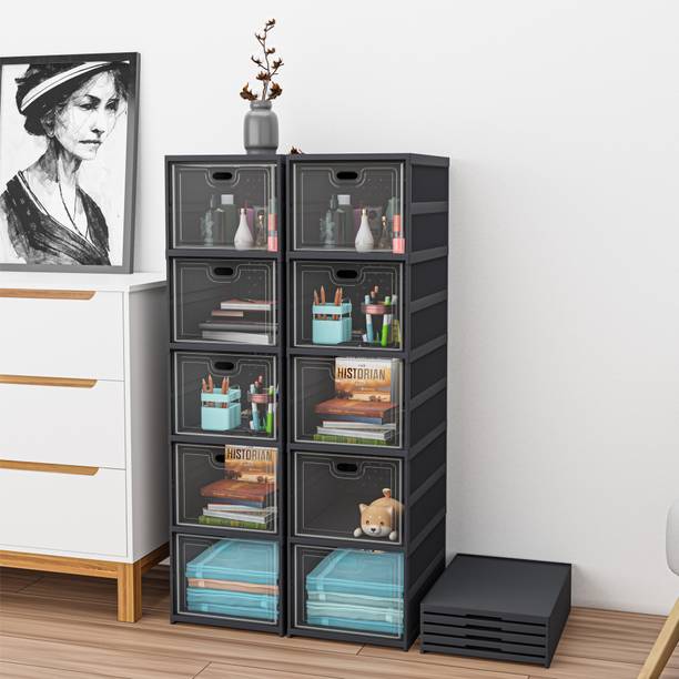 KUBER INDUSTRIES (Pack of 2) 5-Tier Transparent Plastic Collapsible Closet/Cabinet | Grey Plastic Free Standing Chest of Drawers