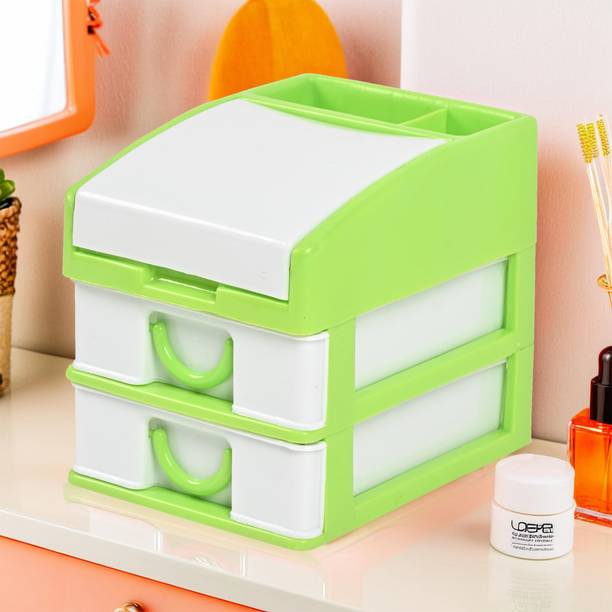 KUBER INDUSTRIES 3-Layer Drawer Storage Organizer For Beauty Products with Lid | Light Green Plastic Free Standing Cabinet