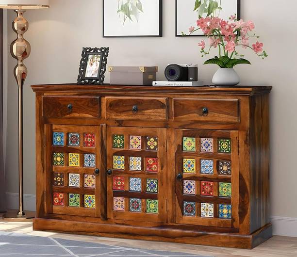 SONA ART & CRAFTS Tile Sheesham Wood Sideboard Cabinet with 3 Drawer & 3 Door for Home Solid Wood Free Standing Sideboard