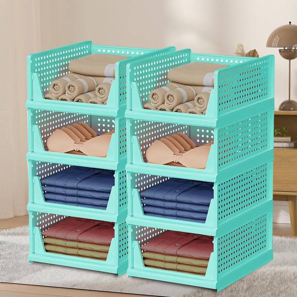 KUBER INDUSTRIES Pack of 8 Plastic Storage Wardrobe Organizer for Almirah | Large | Pista Green Plastic Free Standing Cabinet