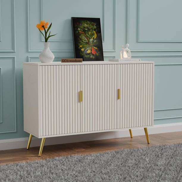 FURNITELL Sideboard Cabinet 3 Door Storage HDMR Wood with Metal Legs & Gold Solid Wood Free Standing Cabinet