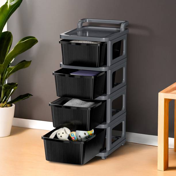 KUBER INDUSTRIES 4 Layer Plastic Modular Storage Drawer Organizer with Wheels | Grey & Black Plastic Free Standing Chest of Drawers