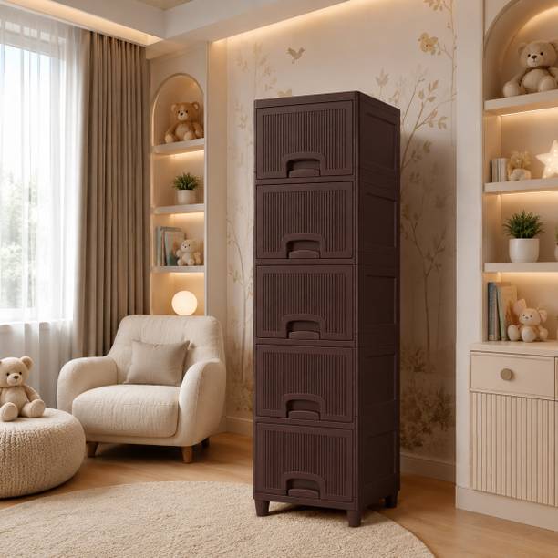 Shiswa Brown Plastic Storage Cabinet with 5 Spacious Drawers Plastic Wall Mount Sideboard