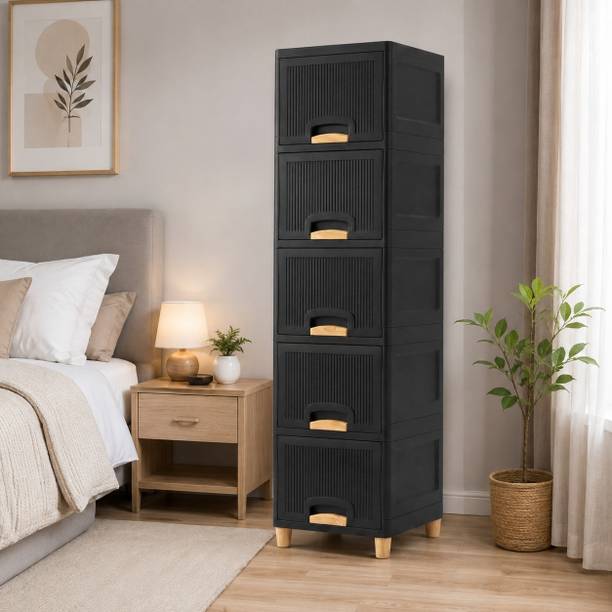 ZUDAZ Modern Tall Utility Organizer with Drawers for Household Essentials Plastic Kitchen Cabinet