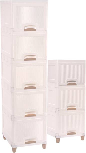 HOMESTIC by Kuber Industries 8 Units Multipurpose ( 5 + 3 ) Folding Cabinet Storage Organizer | White Plastic Free Standing Cabinet