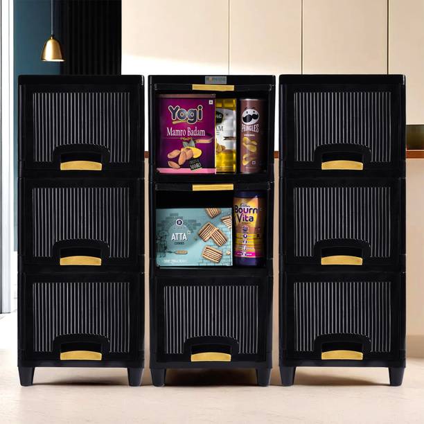 HOMESTIC by Kuber Industries 9 Units Multipurpose ( 3 + 3 + 3 ) Folding Cabinet Storage Organizer | Black Plastic Free Standing Cabinet
