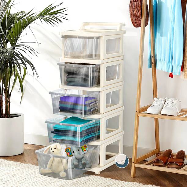 HOMESTIC 5 Layer Plastic Modular Storage Drawer Organizer with Wheels | Transparent Ivory Plastic Free Standing Chest of Drawers