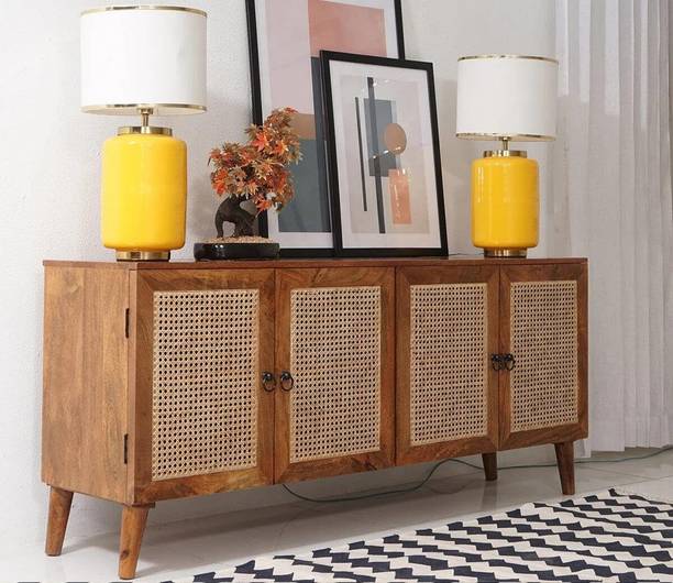 dewss Sheesham Wood 4 Door Rattan Cane Sideboard and Cabinet for Living Room Solid Wood Free Standing Sideboard