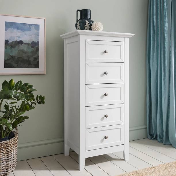GF Furniture Beautiful 5 Drawer Chest of Drawers in White for Bedroom, Living Room & Office Solid Wood Free Standing Chest of Drawers