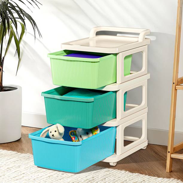 KUBER INDUSTRIES 3 Layer Plastic Modular Storage Drawer Organizer with Wheels | Multicolor Plastic Free Standing Chest of Drawers