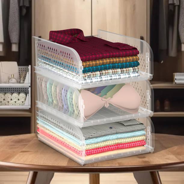 KUBER INDUSTRIES (3 Pcs) Multipurpose Cloth Organizer for Wardrobe & Almirah | Transparent Plastic Free Standing Cabinet