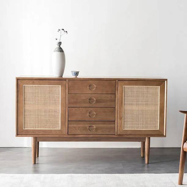 NG Decor 55" Cottage Walnut Sideboard Buffet Rattan with 2 Doors 4 Drawers Engineered Wood Free Standing Sideboard