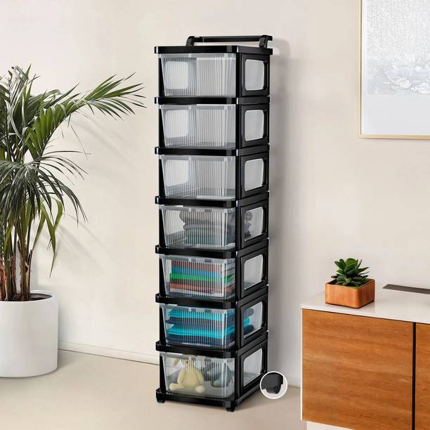 HOMESTIC 7 Layer Plastic Modular Storage Drawer Organizer with Wheels | Transparent Black Plastic Free Standing Chest of Drawers