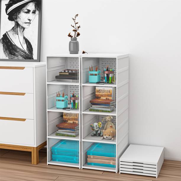 KUBER INDUSTRIES (Pack of 2) 4-Tier Transparent Plastic Collapsible Closet/Cabinet | White Plastic Free Standing Chest of Drawers