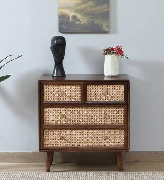 NOBLE ART Noble Art Solid Sheesham Wood Chest of 4 Drawers Storage Cane Free Standing Chest of Drawers