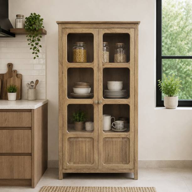 THE ATTIC The Attic Crestwood 2 door Kitchen Cabinet, Light Teak Matte Finish Glass Solid Wood Free Standing Cabinet