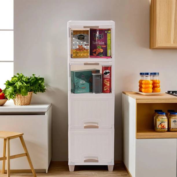 KUBER INDUSTRIES 4 Units Multipurpose Folding Cabinet Storage Organizer | White Plastic Free Standing Cabinet