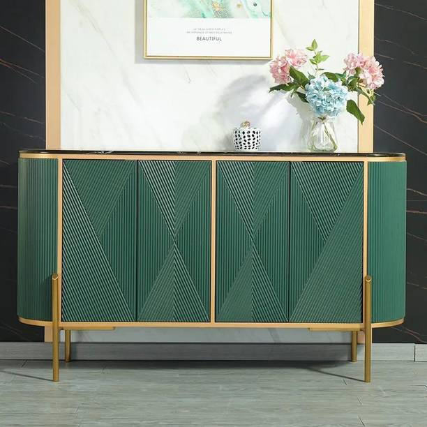 NG Decor Sideboard Buffet Oval Faux Marble Top 59" Sideboard Cabinet 4 Doors & Shelves Engineered Wood Free Standing Sideboard