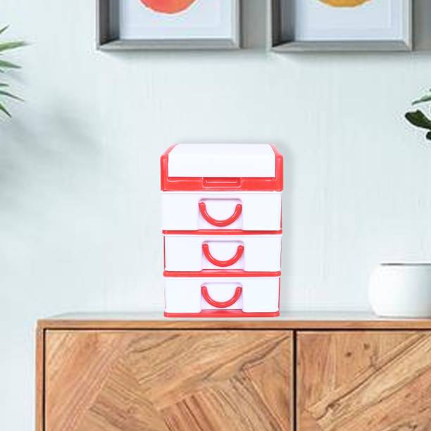 KUBER INDUSTRIES Plastic Cabinet Storage Organizer|Jewellery Box|Super-Star 3+1|Red Plastic Free Standing Cabinet