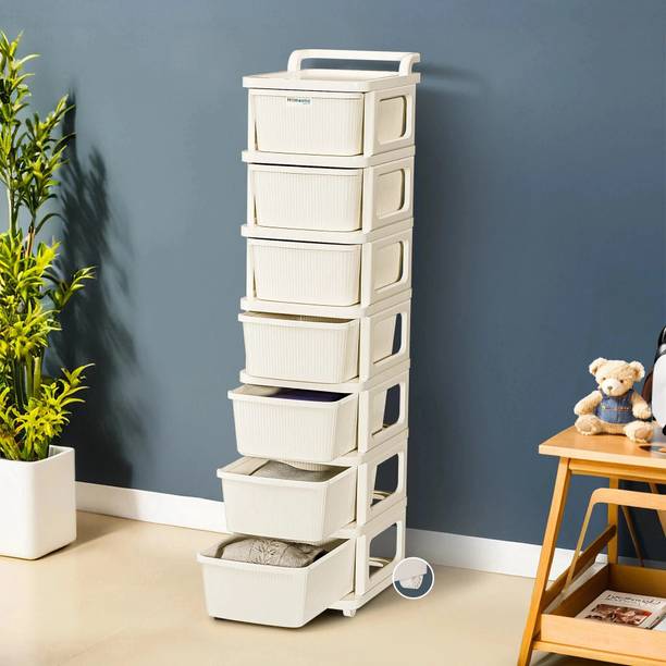 HOMESTIC 7 Layer Plastic Modular Storage Drawer Organizer with Wheels | Ivory Plastic Free Standing Chest of Drawers