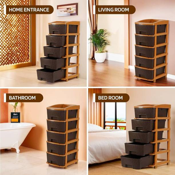 MAXTID 5 Layer Brown Plastic Modular Drawer Organizer for Home Office, Parlour, school Plastic Kitchen Cabinet