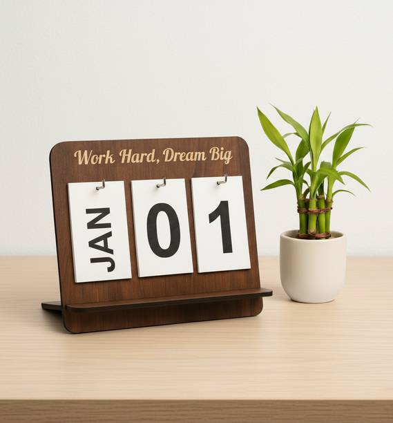 FASTQT Premium Wooden Lifetime Flip Calendar with "Work Hard, Dream Big" Engraving lifetime Table Calendar