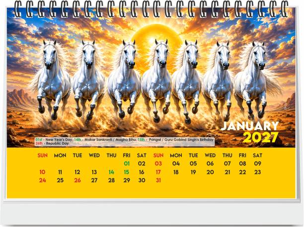 ESCAPER Seven Horses Photo Desk Calendar 2027, A5 Table Calendar for Home & Office 2027 Table Calendar
