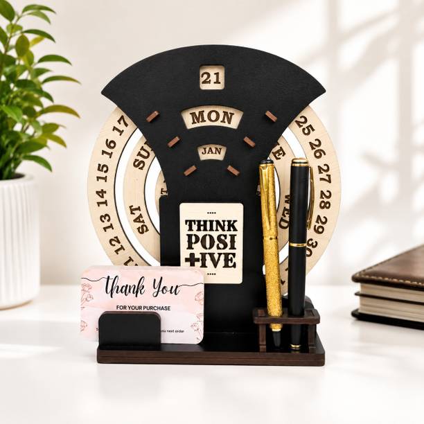 Giftingcare Wooden Circular Lifetime Desk Calendar with Pen Holder & Visiting Card holder Perpetual Wall Calendar