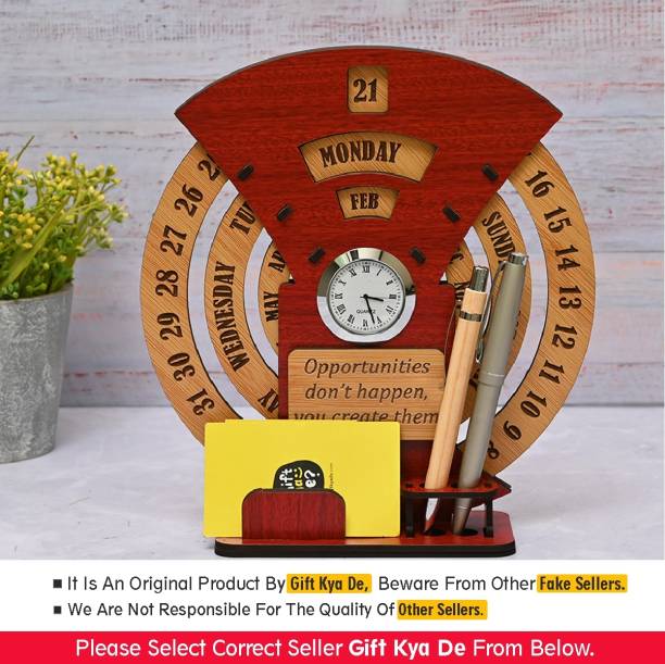 GIFT KYA DE 2 Compartments Wooden Desk / Table Calendar to Lifetime Infinite Calendar 2023 with Desk Organizer and Clock for Office / Home, Bamboo