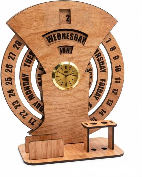 Adfusion Graphics Wooden Perpetual Calendar Desk Organizer with Analog Clock & Pen Stand 2026 Table Calendar